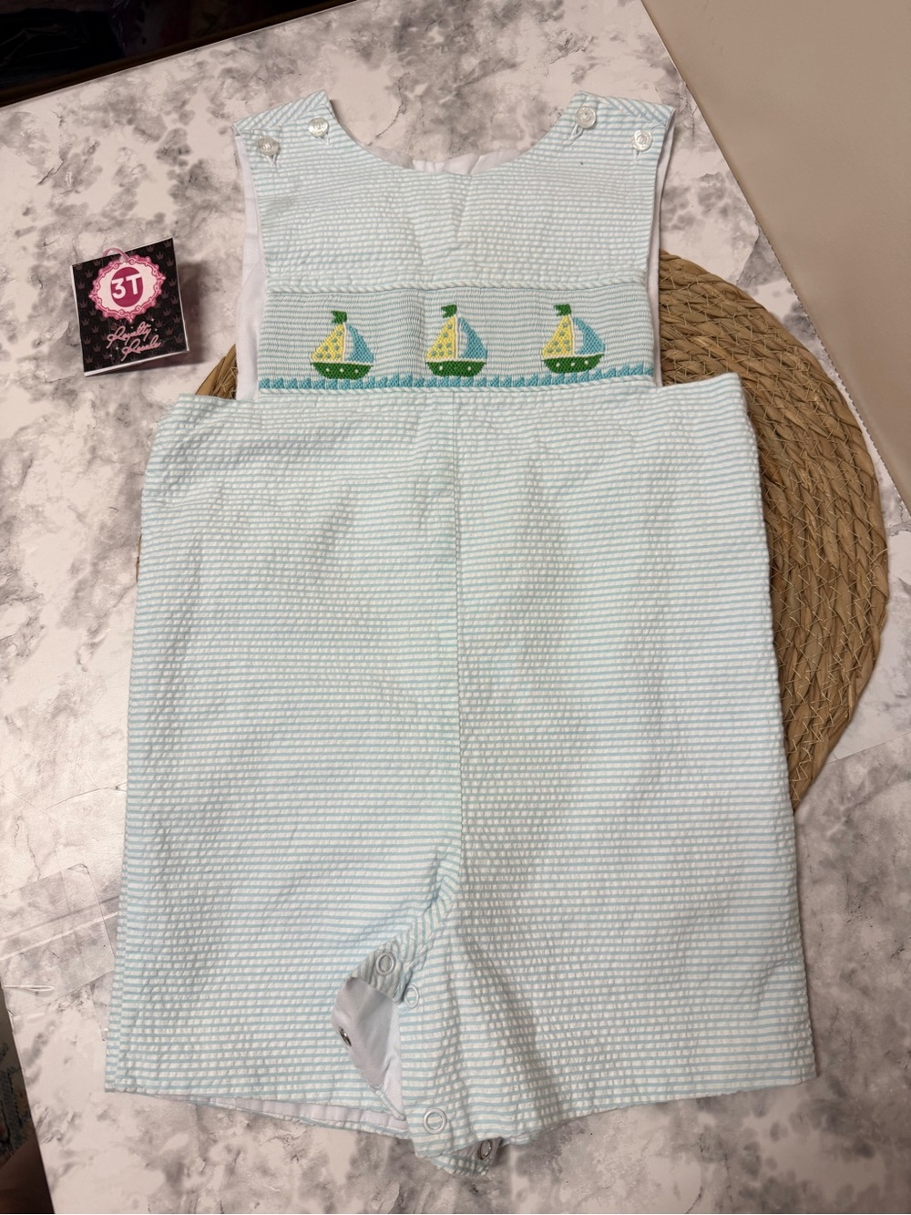 Little English Light Blue Seersucker Sailboat Shortall